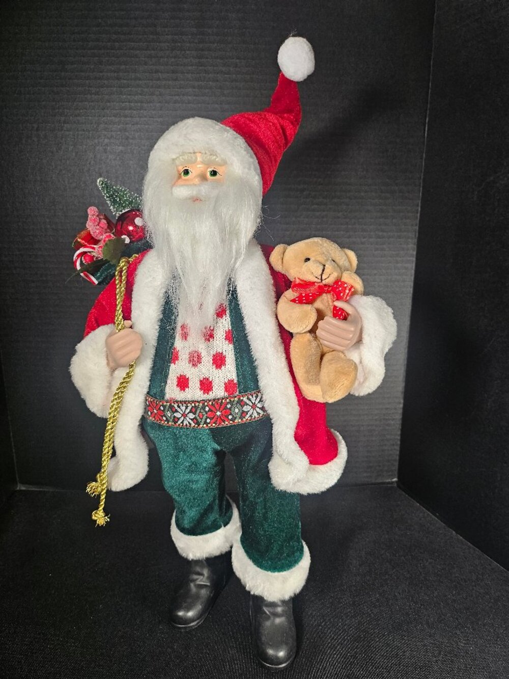 Festive Santa Claus Figurine With Teddy Bear And Toy Bag 21" Tall